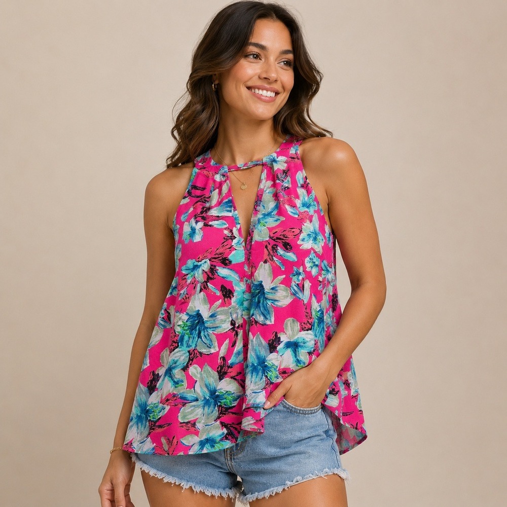 Nanette Lepore Deep V Neck Floral Pink 100% Silk Lilly Tank Top Blouse Tie sz S